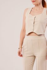 Kalın Askılı Düğmeli Yelek Ve Pantolon Bej Takım - Görsel 2