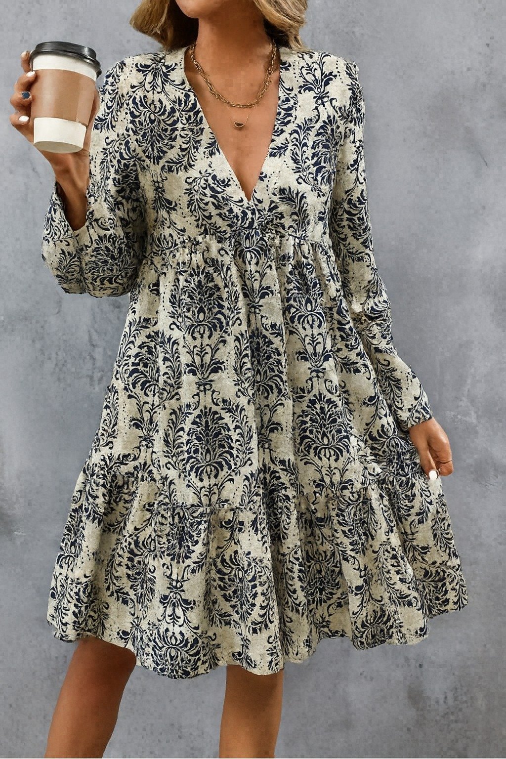 7b74c60696198404d69672e583f9ee8a Kadın Uzun Kollu V Yakalı Fırfırlı Mini Süprem Elbise - Görsel 1