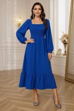 Kadın Uzun Kollu Kare Yakalı Gipeli Uzun Trikoton Elbise - Görsel 3