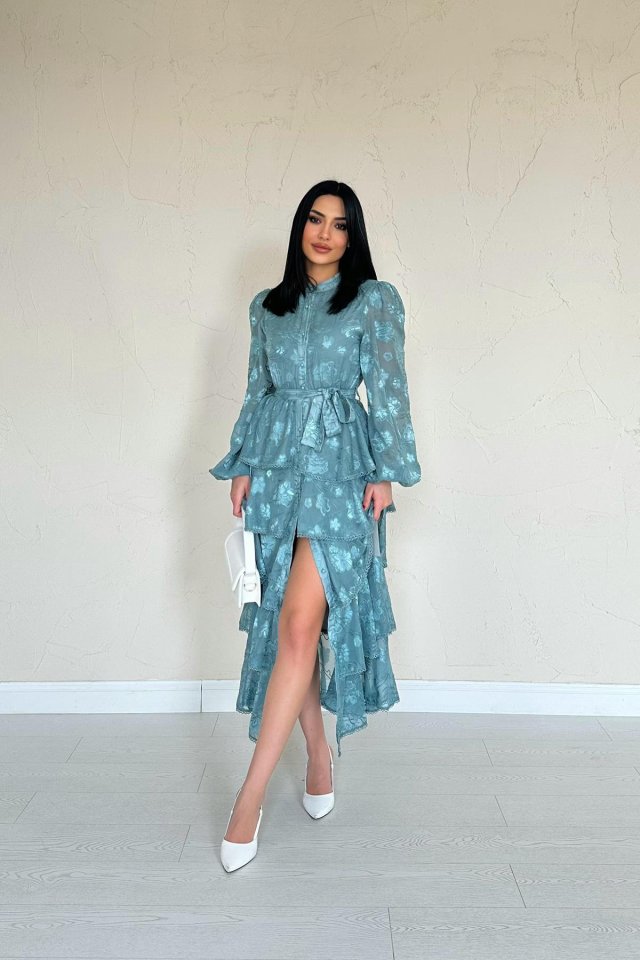 7d17d6f24deb4a3f365b Mint Valonlu Şeritli Kat Kat Elbise - Görsel 1