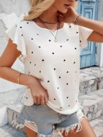 Kadın Kısa Kelebek Kollu Bisiklet Yaka Kalp Desenli Süprem Bluz - Görsel 2