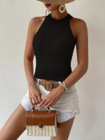 Kadın Kolsuz Halter Yaka Mini Baklava Desenli Triko Bluz - Görsel 2