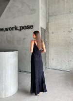 JAKARLI ASKILI SATEN ELBİSE ASİMETRİK - Siyah - Görsel 3