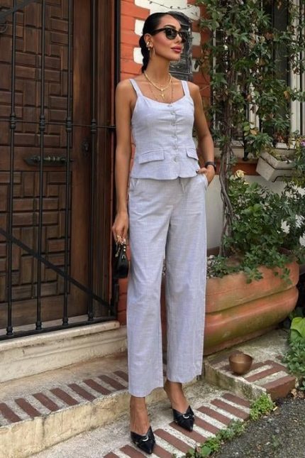 Kalın Askılı Bluz Pantolon Keten Takım 10187