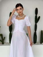 Kare Yaka Düğmeli Elbise