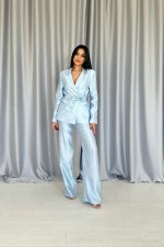 Mavi Beli Kuşaklı Ceket Ve Pantolon Parlak Takım