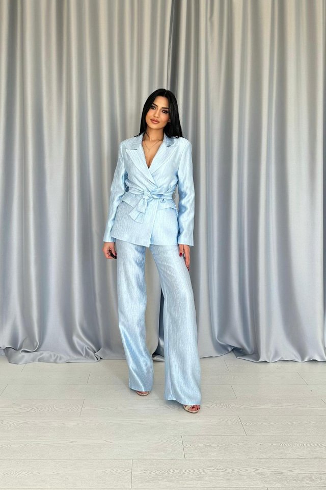 7e3d95bafa8934d662d8 Mavi Beli Kuşaklı Ceket Ve Pantolon Parlak Takım - Görsel 1