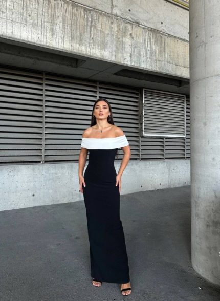 Kadın Madonna Yaka Dalgıç Krep Kumaş Kalem Elbise