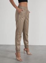 Kadın Yüksek Bel Lastikli önü Düğmeli Deri Pantolon - Görsel 3