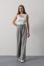 Pileli Bağcıklı Oversize Pantolon - Gri - Görsel 2