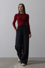 Beli Lastikli Bol Paça Pantolon - Lacivert-Beyaz - Görsel 3