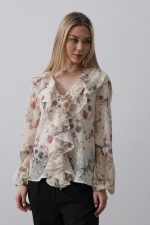 Volanlı Çiçek Desen Şifon Gömlek - Krem