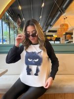 Kadın Uzun Kollu Bisiklet Yaka Kedi Baskılı şardonlu Dalgıç Bluz - Görsel 2