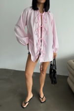 GÖMLEK POPLİN HAKİM YAKA ÖNDEN BAĞLAMA İP DETAYLI - Pembe - Görsel 3