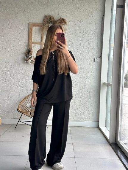 Kadın Tek Omuzdan Açık Geniş Kesim Viskon Iki Iplik Bluz Ve Pantolon Ikili Takım