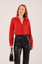 Saten Crop Model Kırmızı Gömlek - Görsel 2