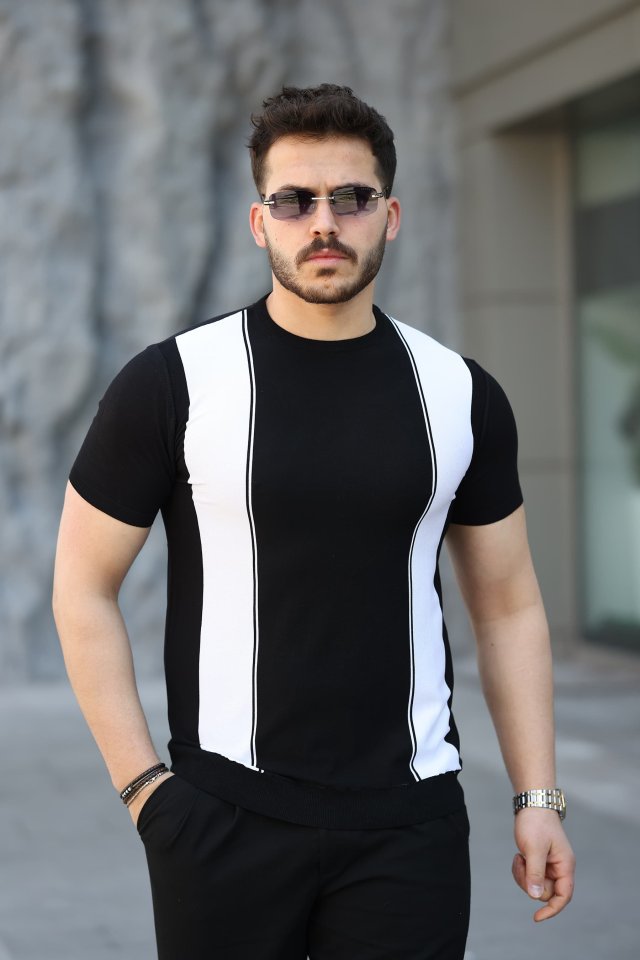 8095848d76e619d42304fdcb4162ca09 Erkek Viskon Kumaş Bisiklet Yaka çizgi Desenli Tişört - Görsel 1