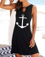 Kadın Kolsuz Halka Detay çıpa Baskılı Viskon Elbise