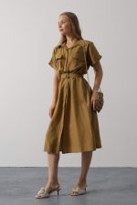 Kuşaklı Cep Detaylı Yarım Kol Elbise - Yağ Yeşili - Görsel 3