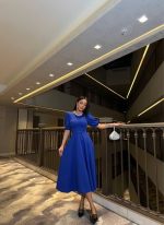 Kadın Bisiklet Yaka Kısa Kol Lastik Detay Uzun Elbise - Görsel 3