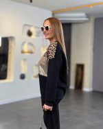 Kadın üç Iplik şardonlu Kumaş Leopar Desenli Bluz - Görsel 3