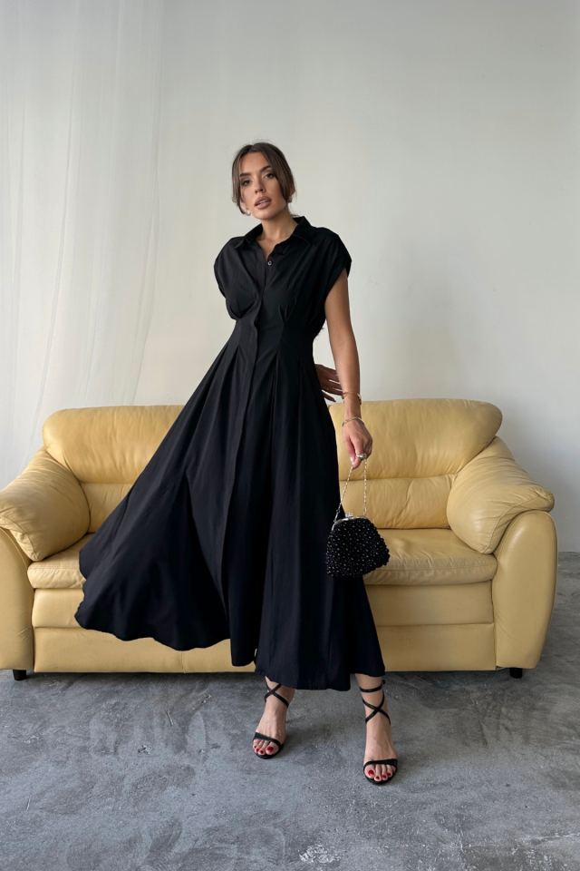 825a4a6a5cb61feff5d5 KOLSUZ VATKALI ÖNDEN DÜĞMELİBEL PENS DETAYLI POPLİN ELBİSE - Siyah - Görsel 1