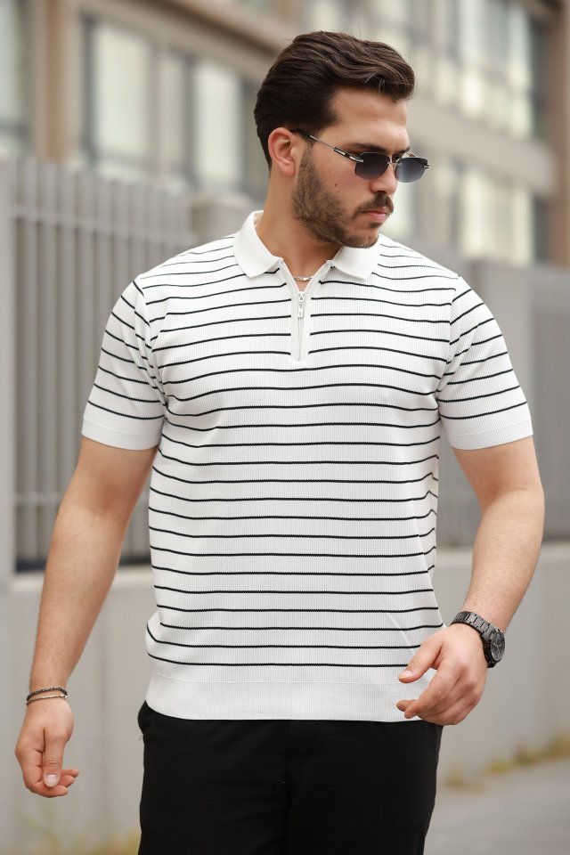 82c4ac772ce1017fa21b871171a96532 Erkek Fermuar Yakalı çizgili Kısa Kollu T-shirt - Görsel 1