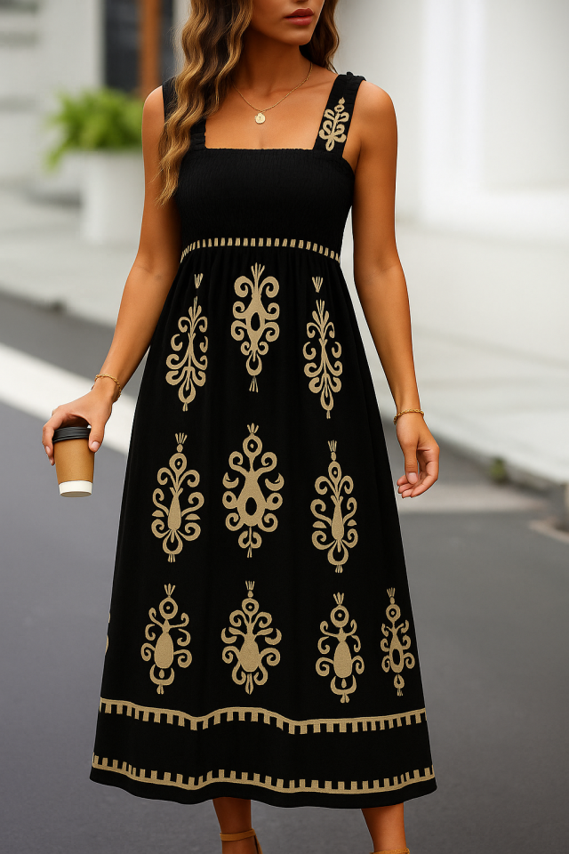 834a8714eb3b0827cf1352dae9666f4b Kadın Askılı Kare Yaka Gipe Detaylı Desenli Suprem Elbise - Görsel 1