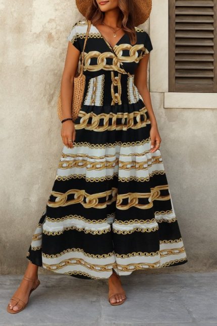 Kadın Kısa Kollu Kruvaze Yaka Beli Lastikli Süprem Maksi Boy Elbise