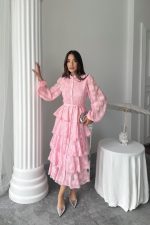 Şeker Pembesi Uzun Volanlı Elbise - Görsel 2