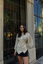 SÜET KRUVAZE BLUZ BAĞLAMA DETAYLI - Taş - Görsel 2