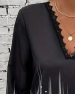 Kadın Uzun Kollu V Dantel Yaka Desenli Modal Bluz - Görsel 3