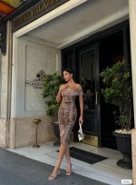 Kadın Madonna Yaka Dalga Desen Midi Boy şifon Elbise - Görsel 3