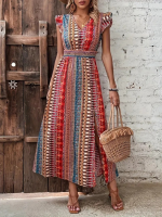 Kadın Kısa Kollu V Yakalı Desenli Yandan Yırtmaçlı Süprem Elbise - Görsel 3