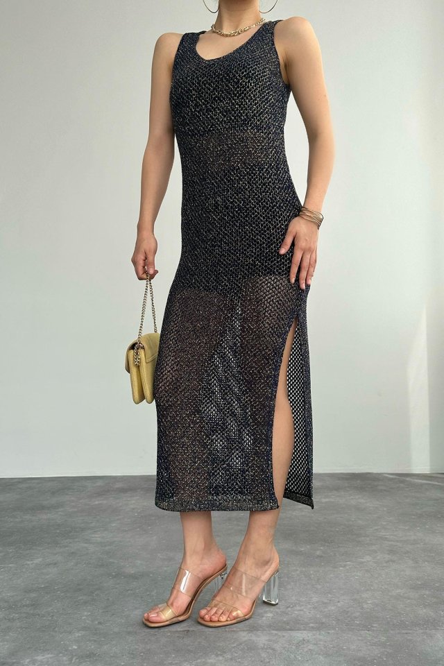 84b7915f5a8316b54cae Simli Ajurlu Uzun Elbise - Lacivert-Sarı - Görsel 1