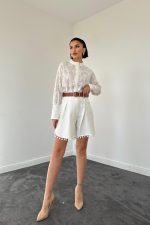 Ekru Dantelli Gömlek Ve Ponpolu Şort Takım - Görsel 2