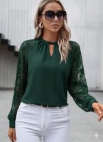 Kadın Uzun Dantel Kollu Yuvarlak Yakalı Sandy Bluz