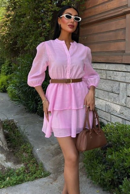 Deri Kemerli Fırfırlı Elbise 2901