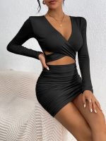 Kadın Uzun Kollu çapraz Dekolte Detaylı Mini Sandy Elbise - Görsel 2