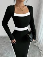 Kadın Uzun Kollu Geometrik Yaka Midi Ithal Krep Elbise - Görsel 3