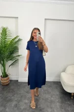 Kadın Kısa Kollu Yırtmaç Detaylı Salaş Viskon Elbise - Görsel 2