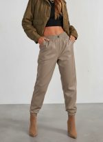 Kadın Yüksek Bel Lastikli önü Düğmeli Deri Pantolon - Görsel 2