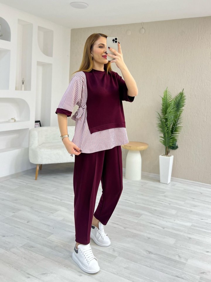 870b8050610f993194fd3a9f3f18d65f Kadın Kristal 2 Iplik Kumaş Yanları çizgili Takım - Görsel 1