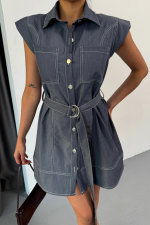 GÖMLEK ELBİSE KOLSUZ TENCEL KUMAŞ - Mavi - Görsel 2