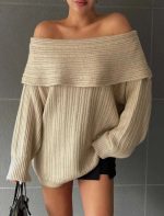 Kadın Uzun Kollu Katlama Detay Madonna Yaka Salaş Kazak