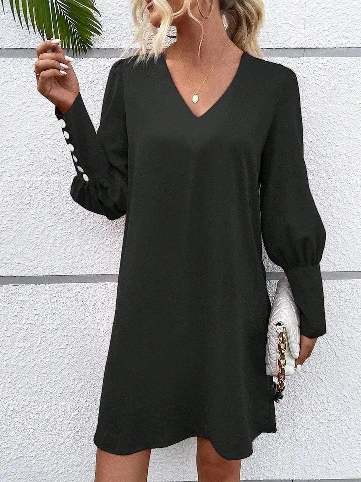 87c05f9fc99a9c15ba2f Kadın Uzun Kollu V Yakalı Kısa Ithal Krep Elbise - Görsel 1