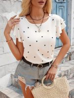 Kadın Kısa Kelebek Kollu Bisiklet Yaka Kalp Desenli Süprem Bluz