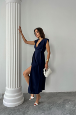 KRUVAZE VATKALI KOLSUZ ELBİSE MODAL KUMAŞ - Lacivert - Görsel 2