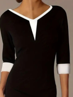 Kadın Truvakarkol V Yakalı Blok Renkli Kısa Janjan Krep Elbise - Görsel 2