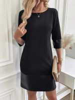 Kadın Uzun Kollu Bisiklet Yaka Deri Detaylı Ithal Krep Elbise - Görsel 3